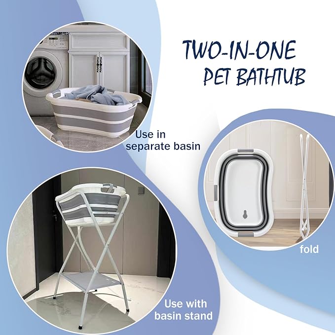 2 in 1 Elevated Dog Bath Tub & Foldable Washing Station with Stand, Portable Pet Bathtub for Small Medium Dogs & Cats, Raised Pet Shower Tub with Safety Collar & Drain Plug & Brushes