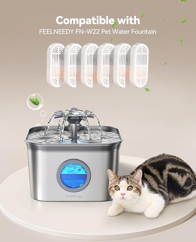 6 Pack Replacement Filters + 6 Pump Sponges for Feelneedy Cat Water Fountain [FN-W22] - 99oz/2.8L Pet Water Fountain Filters