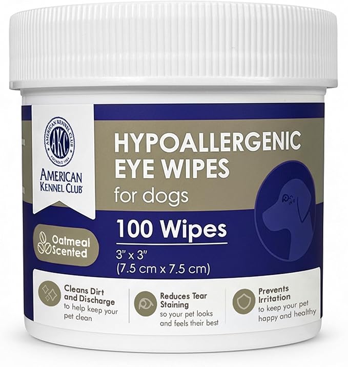 American Kennel Club Pet Eye Wipes for Dogs & Cats – Tear Stain Remover & Eye Discharge Cleaner – Hypoallergenic Grooming Wipes, 100 Count (Oatmeal Scent)