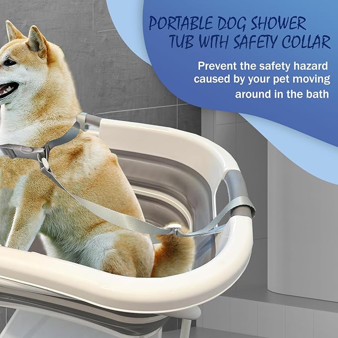 2 in 1 Elevated Dog Bath Tub & Foldable Washing Station with Stand, Portable Pet Bathtub for Small Medium Dogs & Cats, Raised Pet Shower Tub with Safety Collar & Drain Plug & Brushes