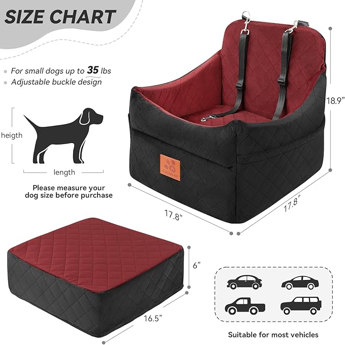 Dog Car Seat for Small/Medium Dogs, Dog Booster Car Seats with Thick Cushion for Dogs Under 35lbs, Detachable Washable Pet Carseat with Storage Pockets, 2 Safety Belts(Black/Red)