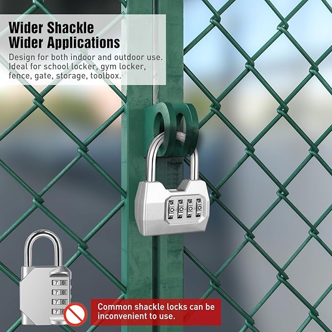 1 Pack disecu 4-Digit Combination Lock, Waterproof Outdoor Padlock for School Gym Locker, Fence, Gate, Shed, Storage Unit (Silver)