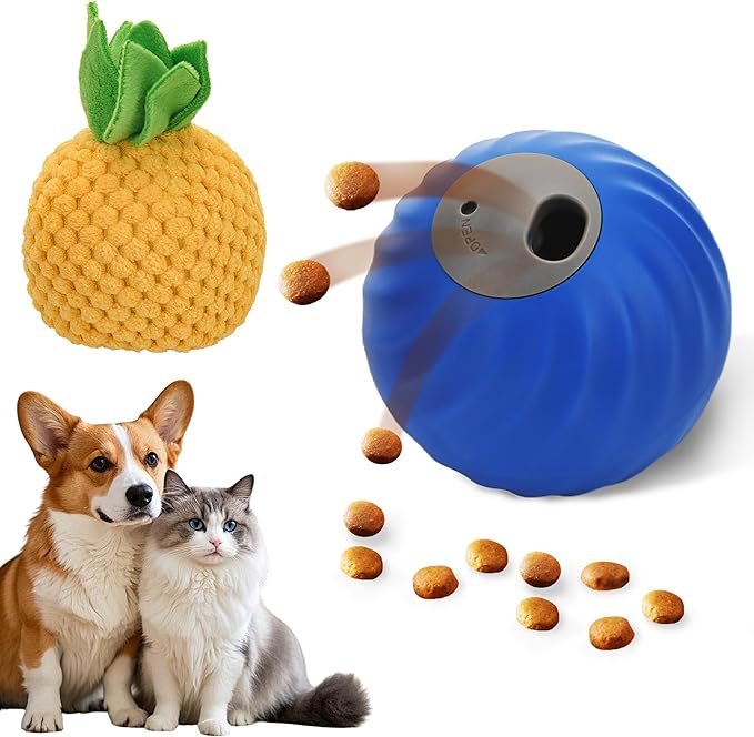 QKOQKO Interactive Dog Ball, USB Rechargeable Automatic Moving Dog Toy with Treat Dispenser, 2.87-Inch Washable TPU Puzzle Ball for Small & Medium Dogs, Exercise & Mental Stimulation – Blue