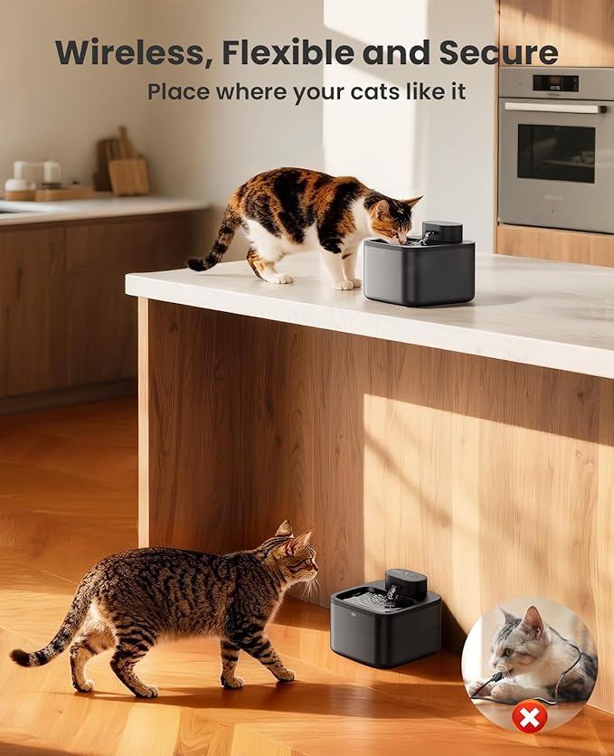 oneisall Wireless Cat Water Fountain: 74oz/2.2L Cordless Pet Water Fountains, 4000mAh Battery Operated Ultra-Quiet Integrated SilentFlow™ Pump for Cats Indoor, Automatic Cat Water Dispenser, BPA-Free