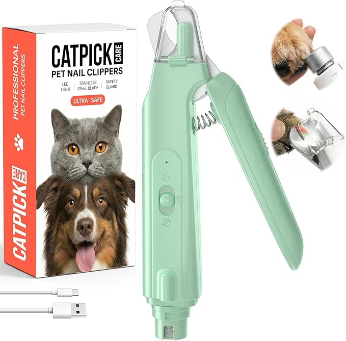 2-in-1 Dog & Cat Nail Clipper with Grinder - Dual Highlight LED Reduce Over-Trimming, Long Battery Cordless USB-C Rechargeable, Safety Lock & Catcher Cap, Quiet Home Grooming for Small Large Pets
