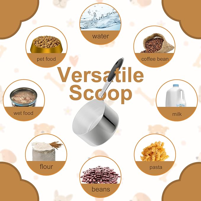 1 Cup Dog Food Scoop, Stainless Steel Scooper for Feeding Pet, Cat, Dog, Rabbit, Bird, Long Handle, Dishwasher Safe