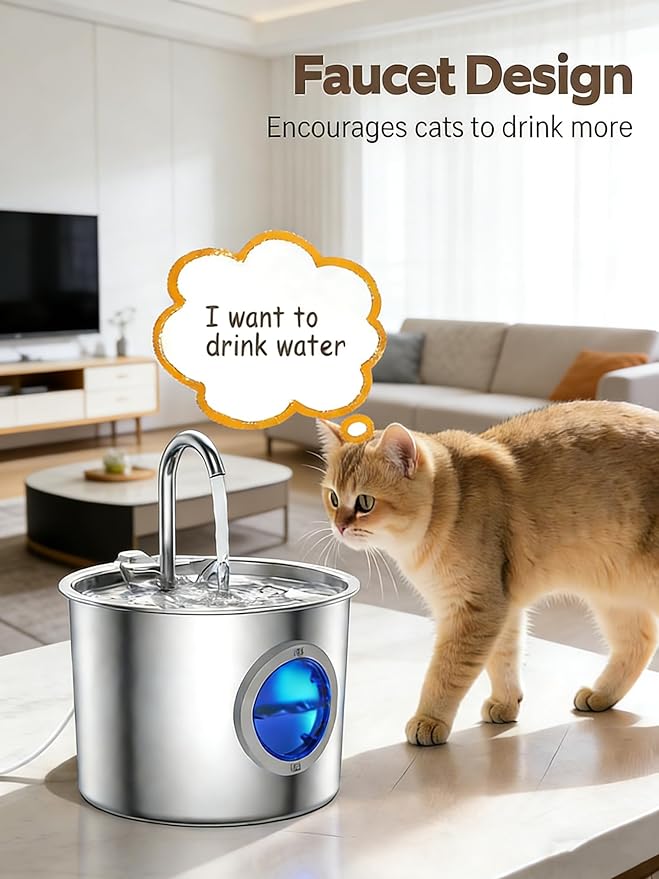 Cat Water Fountain Advanced 304 Stainless Steel 2.2L/74oz with Detachable Tank, Easy to Clean, Automatic Pet Fountain Quiet Cats Water Dispenser, Dogs (74oz Cat Fountain)