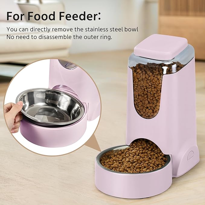 2 Pack Automatic Cat Feeder and Stainless Steel Water Dispenser, Gravity Dog Waterer Set Food Feeder and Waterer Set for Small Medium Kitten Puppy Pets(1 Gallon x 2, Violet)