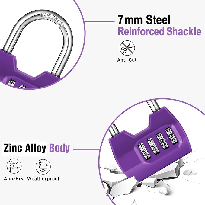 1 Pack disecu 4-Digit Combination Lock, Waterproof Outdoor Padlock for School Gym Locker, Fence, Gate, Shed, Storage Unit (Purple)