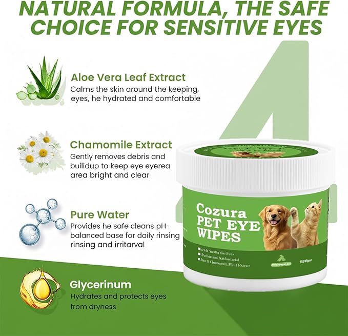 Dog Eye Wipes, Tear Stain Remover for Dogs & Cats - 100ct Hypoallergenic Pet Eye Cleaning Pads for Crust, Gunk & Discharge - Gentle Grooming Wipes for Sensitive Eyes, Wrinkles & Folds