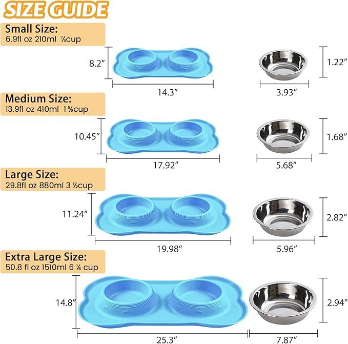 Hubulk Pet Dog Bowls 2 Stainless Steel Dog Bowl with No Spill Non-Skid Silicone Mat + Pet Food Scoop Water and Food Feeder Bowls for Feeding Small Medium Large Dogs Cats Puppies (Small, Turquoise)