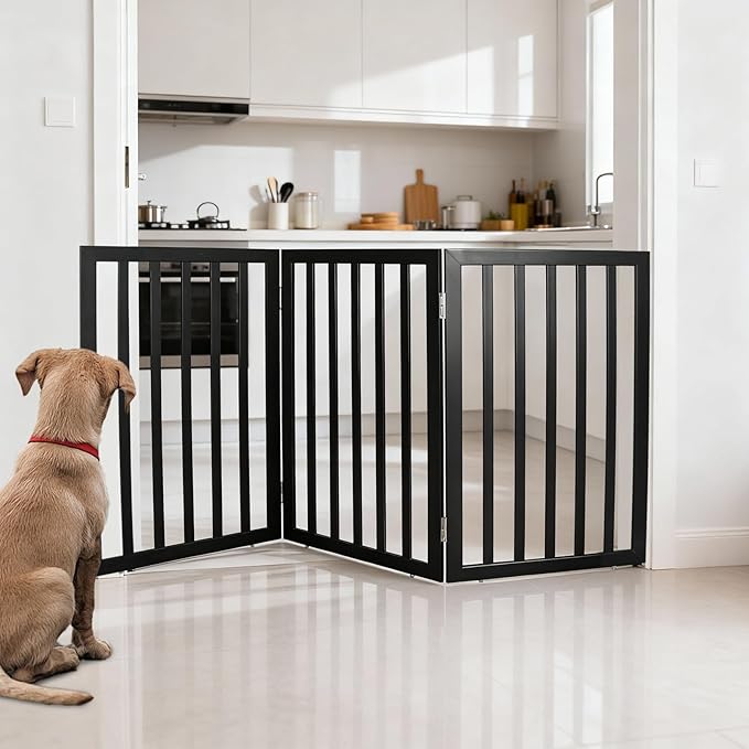 ZJSF Freestanding Indoor Dog Gate for House Foldable Wood Black Puppy Gate for Doorways Pet Gate for Stairs Extra Wide Pet Fence 32" Height 3 Panels