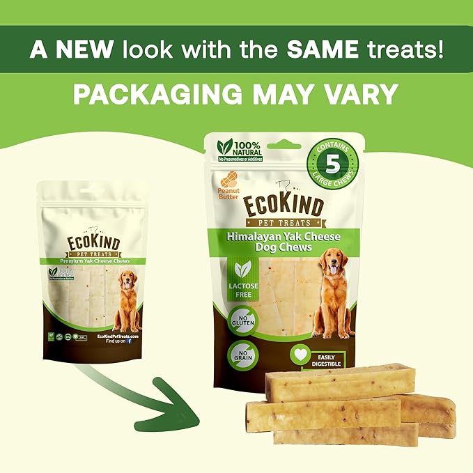 EcoKind Premium Gold Yak Cheese Himalayan Dog Chews, Dog Treats Large Breed, All Natural, High Protein Dog Chew, Peanut Butter, Large - 1 Chew