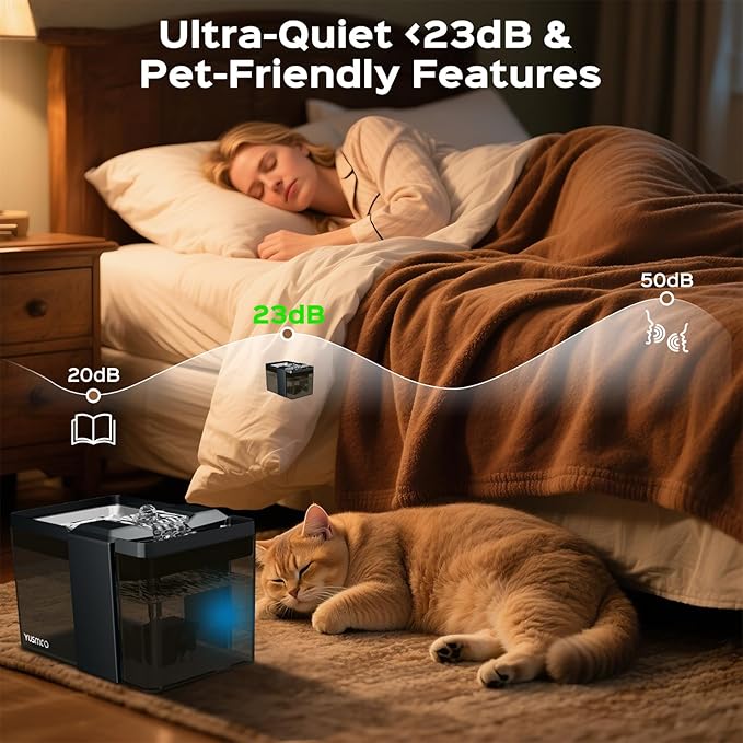 Automatic Cat Water Fountain, 2.2L/74oz Pet Fountain with 304 Stainless Steel Drinking Top, Ultra-Quiet Pump, Triple Filtration & LED Water Level Alert, BPA-Free Plastic for Cats and Small Dogs