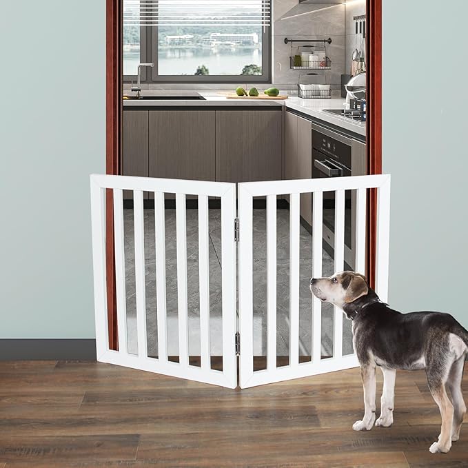 ZJSF Freestanding Indoor Dog Gate for House Foldable Wood White Puppy Gate for Doorways Pet Gate for Stairs Extra Wide Pet Fence 24" Height 2 Panels
