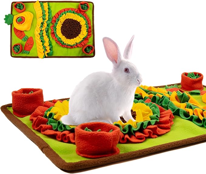 MHTTEC Sunflower Carrot Rabbit Foraging Mat, Washable Bunny Hay Feeder Treat Dispenser Foraging Toys for Rabbits Guinea Pigs Chinchillas Ferrets