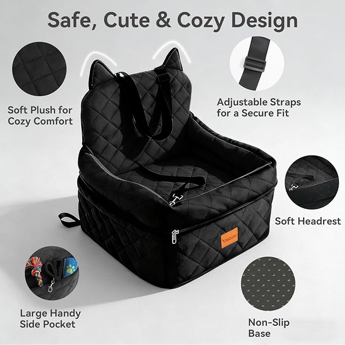 Dog Car Seat for Small/Medium Dogs Up to 35lbs,Elevated Cushion Fits in Front/Back Seat,Travel Safety Per Car Bed with Washable Removable Cover, Storage 2 Pockets Black