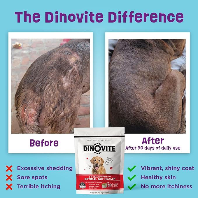 Dinovite 3 in 1 Probiotic for Small Dogs, Skin & Coat, Digestive Health & Joint Relief, Dog Food Toppers, Immune Support, Allergy Relief & Itch Relief Skin Care, 30 Servings (1-18lb)