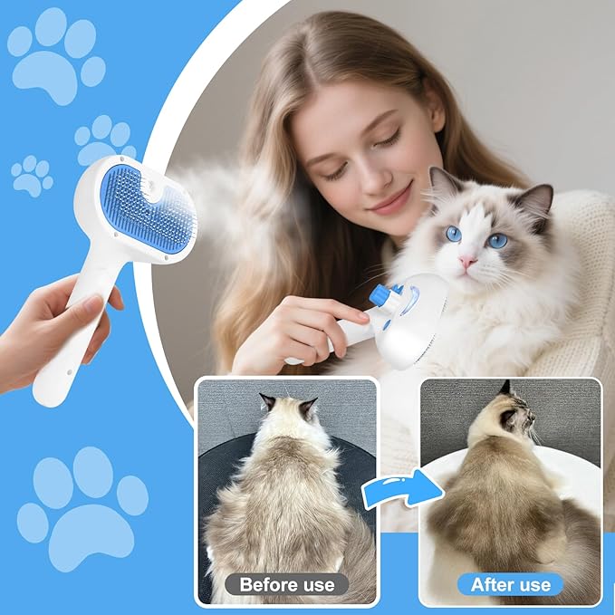 Pet Steam Brush for Dog & Cat - 3-in-1 Steam Grooming Brush for Shedding & Hair Removal - Self Cleaning Spray Comb with Mist for Long Haired Pets, Blue(waterless shampoo not include)