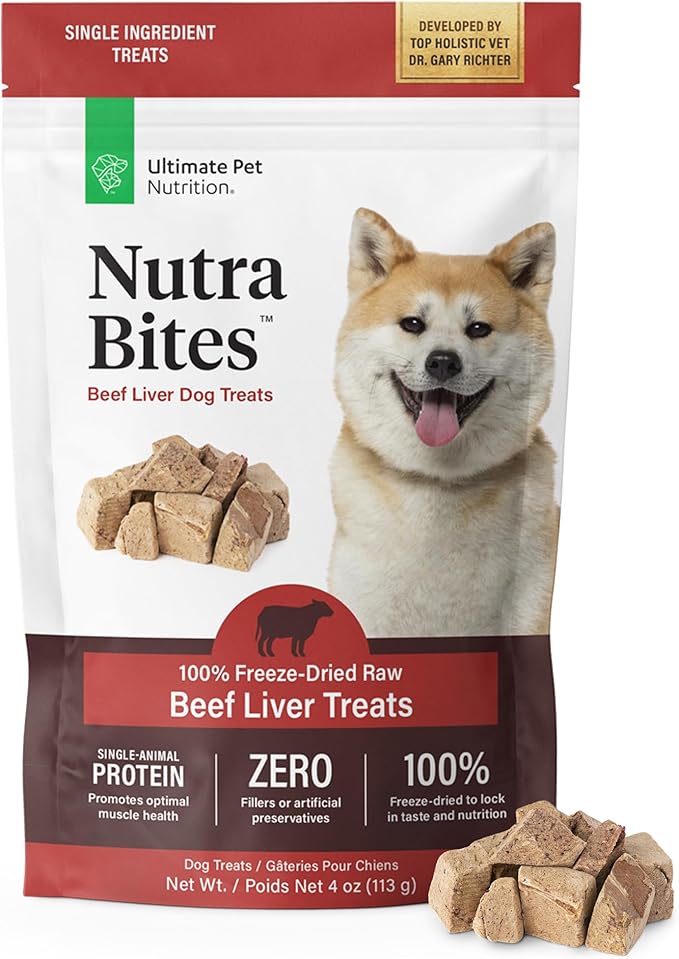ULTIMATE PET NUTRITION Nutra Bites Freeze Dried Raw Single Ingredient Training Treats Food Topper for Dogs, 4 Ounces, Beef Liver