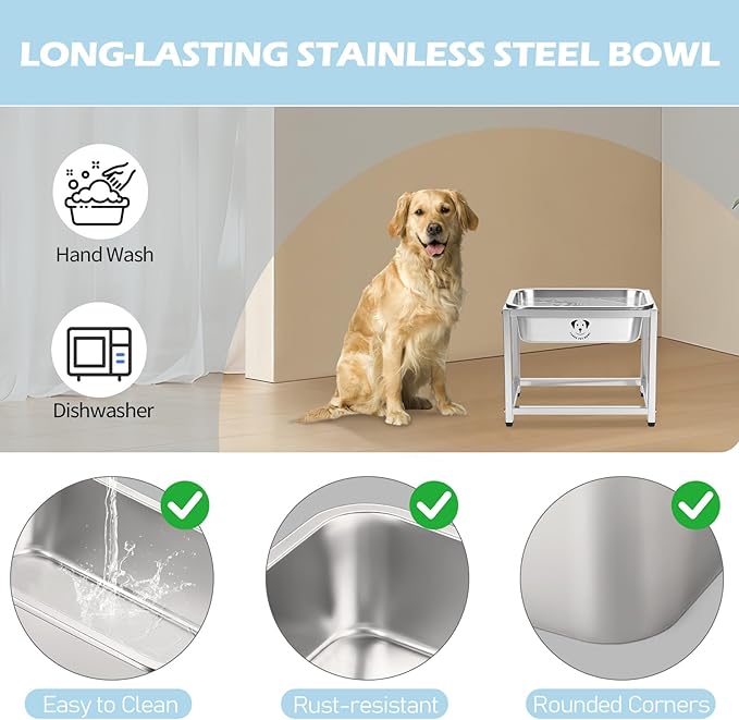 0.85 Gallon Elevated Large Dog Water Bowl, 10.23" Raised Stainless Steel Bowl for Medium Large Breed, Elevated Dog Water Bowl with Full Metal Stand, Easy to Clean and Assemble for Indoor Outdoor