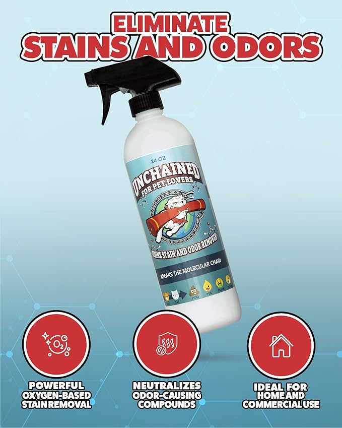 Unchained Pet Urine Stain & Odor Remover Spray – Oxygen-Based Cleaner, Professional Strength for Carpets, Concrete, Furniture, Upholstery – 24oz
