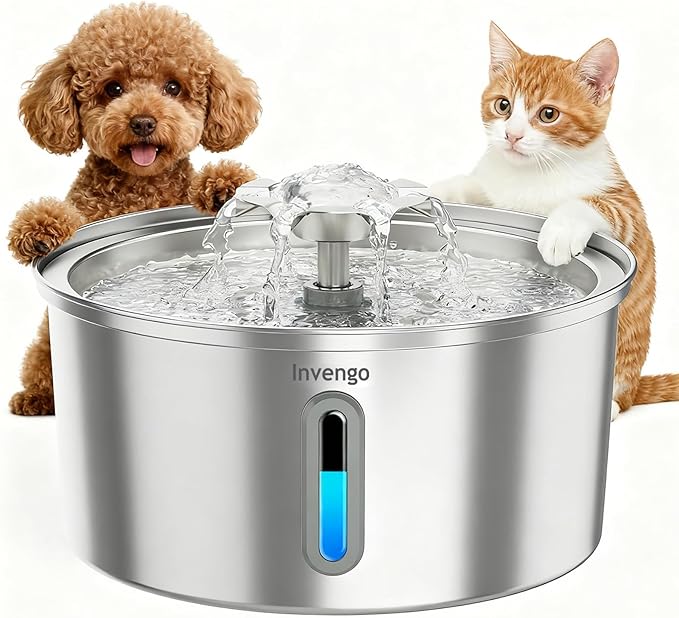 Cat Water Fountain Stainless Steel 3.2L/108oz, Invengo Automatic Pet Fountain for Cats & Dogs, Ultra Quiet <25 dB Pump, LED Water Level Window, Easy to Clean
