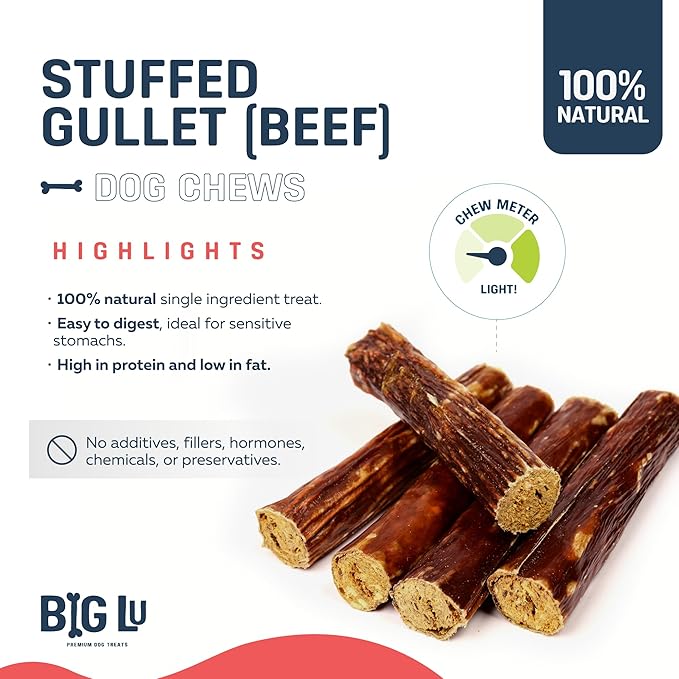 Big Lu - 6-Inch Stuffed Beef Jerky Sticks, 10 Count, Premium All-Natural Gullet Chews, High-Protein, Easily Digestible, Supports Dental Health and Joint Mobility