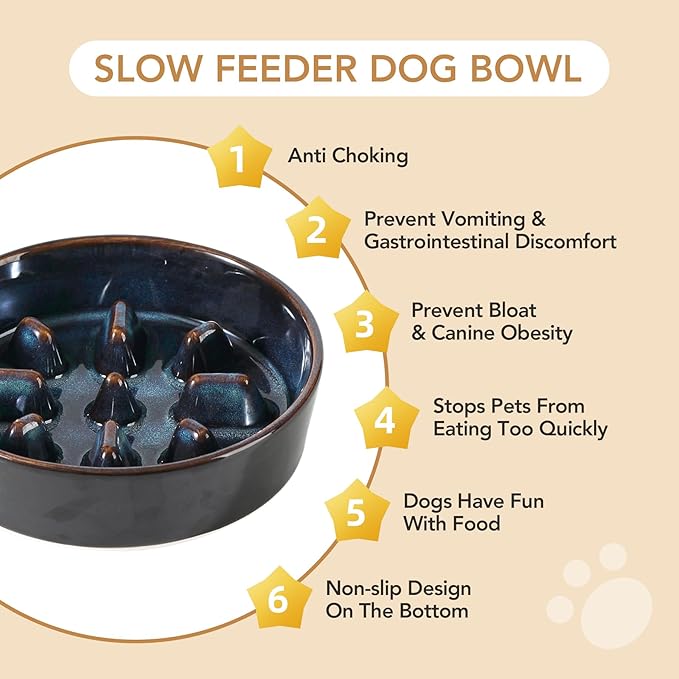 Ceramic 1.2 Cup Dog Raised Slow Feeder Set, Elevated Bowl with Wooden Stand for Medium and Small Dog, 7.3inch Slow Feeder Dish for Fast Easters (Starry Sky, Single Bowl+ Stand)