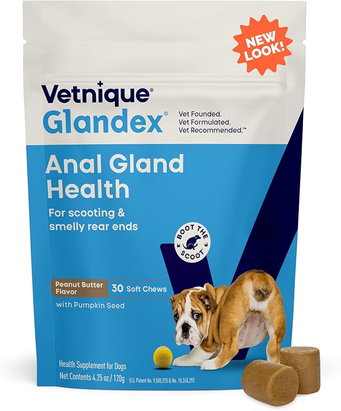Vetnique Glandex Anal Gland Soft Chew Treats with Pumpkin for Dogs Digestive Enzymes, Probiotics Fiber Supplement for Dogs Boot The Scoot (30ct, Peanut Butter Chews)