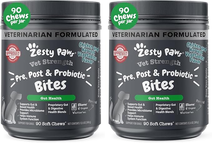 Zesty Paws Vet Strength Probiotics for Dogs, Digestive Health & Gut Flora Support, Dog Supplements, 90 Count (Pack of 2)