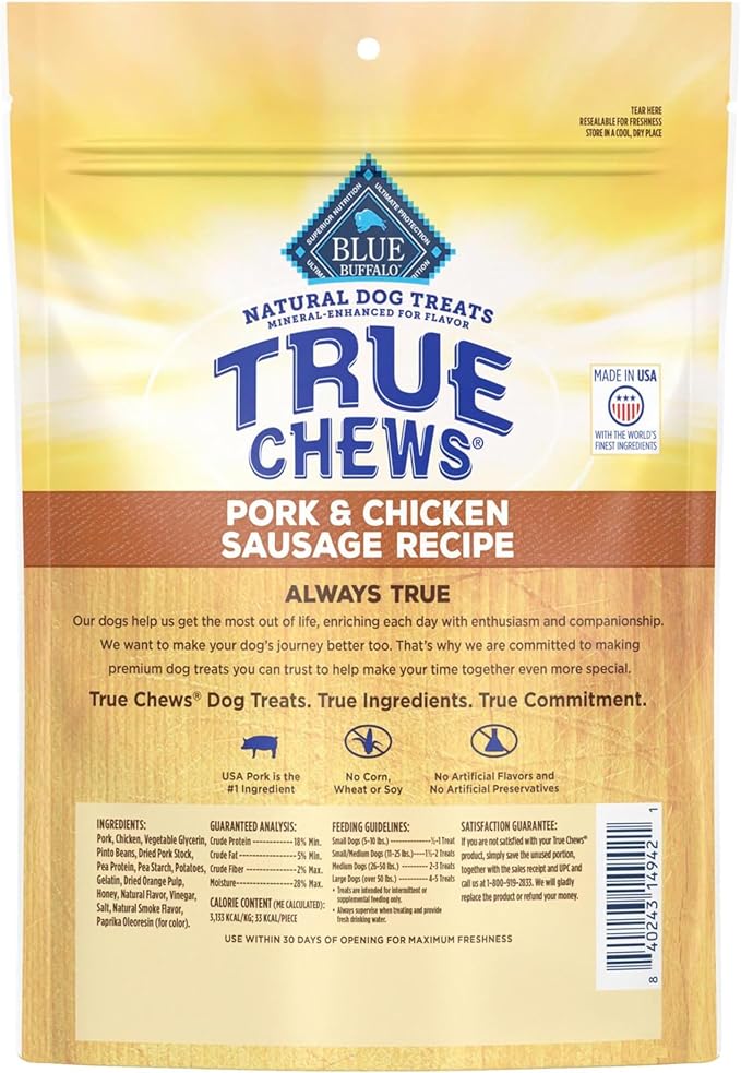 Blue Buffalo True Chews Dog Treats, Made in The USA with Natural Ingredients, Pork and Chicken Sausage Recipe, 14-oz Bag