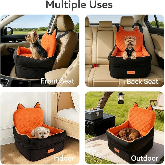 Dog Car Seat for Small/Medium Dogs Up to 35lbs,Elevated Cushion Fits in Front/Back Seat,Travel Safety Per Car Bed with Washable Removable Cover, Storage 2 Pockets Black-Orange