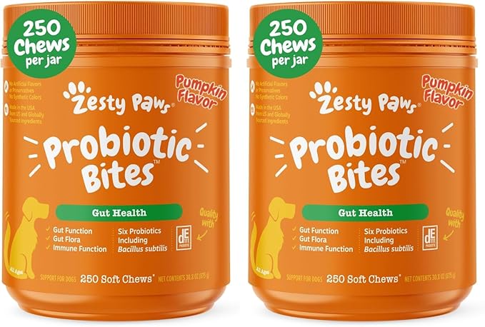 Zesty Paws Probiotics for Dogs, Digestive Enzymes Gut Flora, Digestive Health, Diarrhea & Bowel Support, DE111, Dog Probiotic Soft Chew for Pet Immune System, Pumpkin, 250 Ct (Pack of 2)
