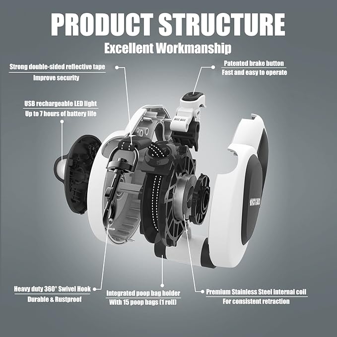 HCY&WLD Upgrade 4-in-1 Retractable Dog Leash with LED Light & Dispenser & Poop Bags, 16 ft Heavy Duty Dog Leash with Anti-Slip Handle for Dogs up to 110 lbs, 360° Tangle-Free, One Button Brake & Lock