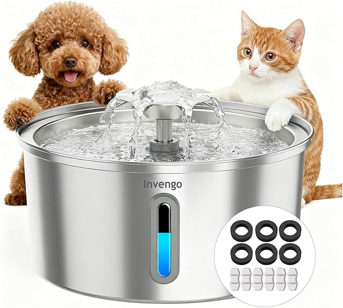 Cat Water Fountain Stainless Steel 3.2L/108oz, Invengo Automatic Pet Fountain for Cats & Dogs, Ultra Quiet <25 dB Pump, Includes 6 Replacement Filters & Sponges, LED Water Level Window, Easy to Clean
