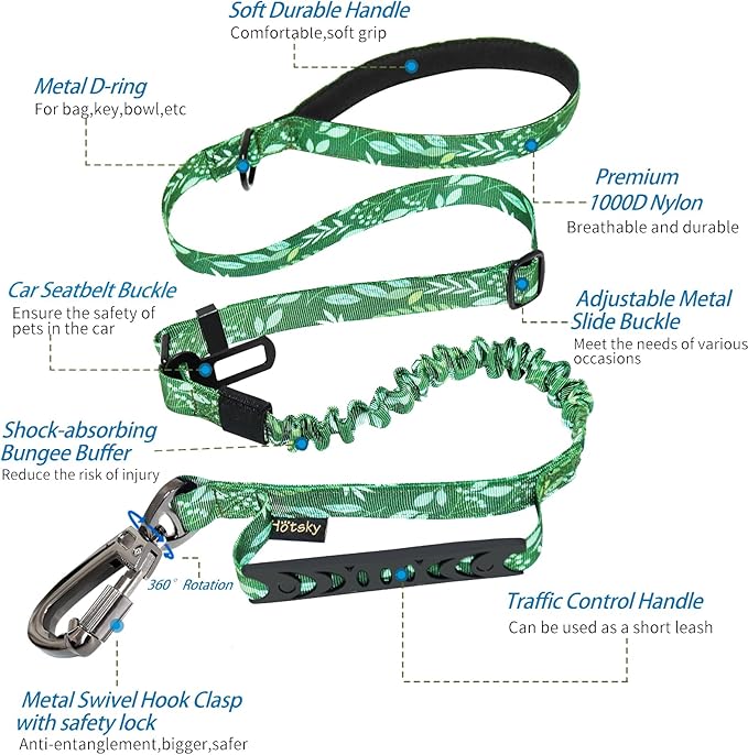 Hotsky Tactical Dog Leash Heavy Duty for Medium Large Dogs That Pull,4-6Ft Strong Bungee Shock Absorbing No Pull Dog Leash with Padded Double Handle and Car Seatbelt,Leaves