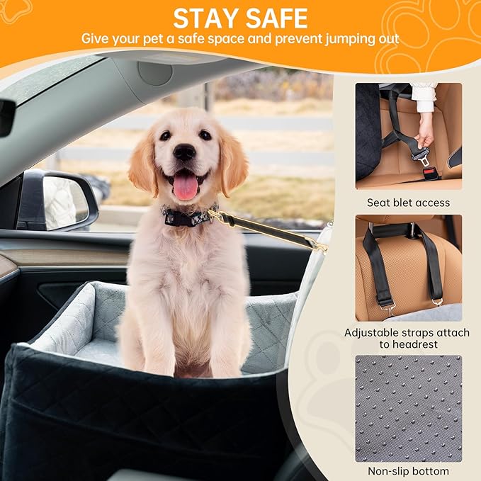Dog Car Seats for Small/Medium Dogs, FurFrolic Memory Foam Dog Booster Seat for Small Dogs up to 35 lbs, Travel Pet Car Seat with Washable Detachable Cover, Storage Pockets, 2 Safety Belts, Black Gray