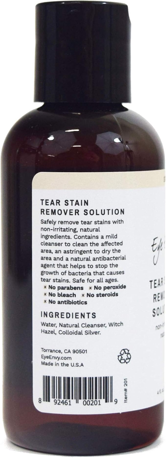 Eye Envy Tear Stain Remover Solution for Dogs. 100% Natural, Safe. Treats The Cause of Stains. Recommended by AKC Breeders, Vets, Handlers, Groomers. Contains Colloidal Silver. 4 oz. Made in USA