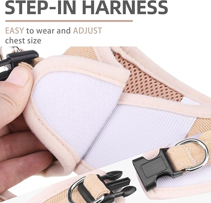 PUPTECK Dog Harness and Leash Set for Small Medium Dogs No Pull Step-in Soft Mesh Puppy Cat Vest Harnesses Reflective at Night, Denim Beige S