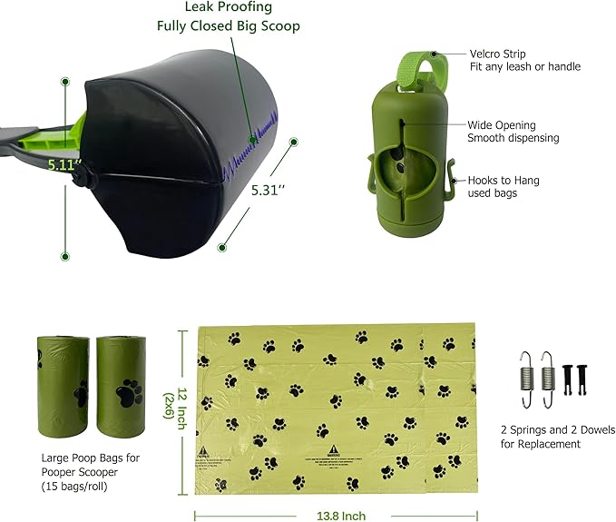 32" Pooper Scooper for Large Small Dogs with 30 Dog Poop Bags & Dispenser Attachment, Extra Long Handle Heavy Duty Poop Scoop, Foldable Dog Poop Picker Upper for Yard