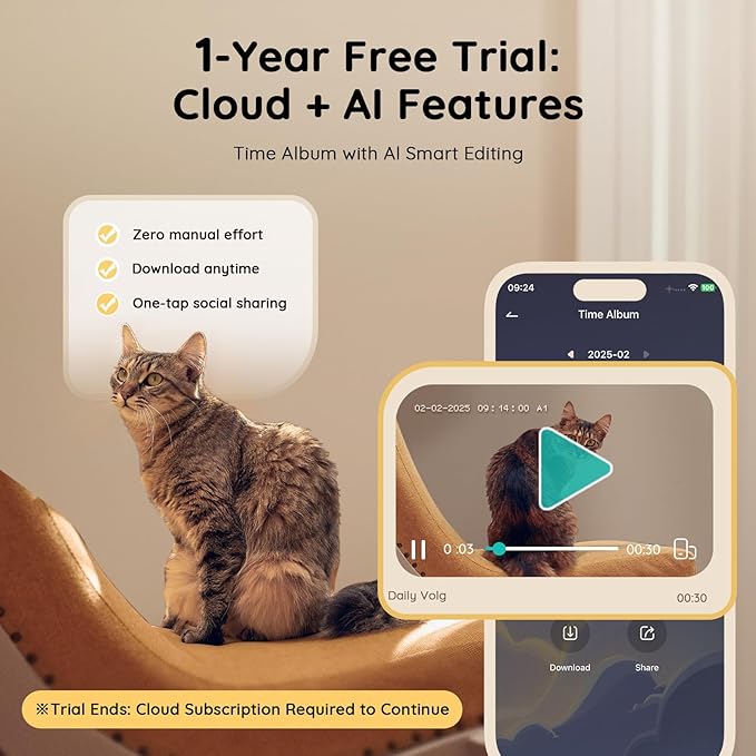 Pet Camera Treat Dispenser [1-Year Trial: Cloud + AI Features Included], 2K Dog & Cat Cam, Remote Treat Tossing, 360° Auto Tracking, 5G/2.4G WiFi Compatible, 2-Way Talk, Motion Alerts Indoor