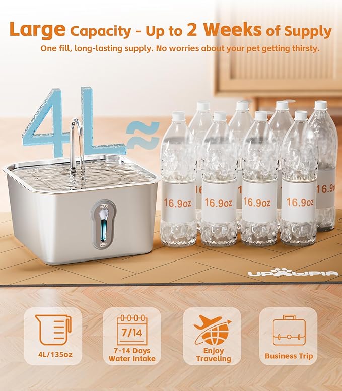4L/135oz Large Cat Water Fountain Stainless Steel with 4 Filters Pet Water Fountain for Cats Quiet Indoor Pets Dog Small Animal Automatic Dog Water Dispenser for Drinking Watering Supplies