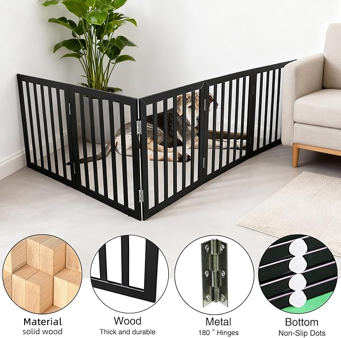 ZJSF Freestanding Indoor Dog Gate for House Foldable Wood Black Puppy Gate for Doorways Pet Gate for Stairs Extra Wide Pet Fence 24" Height 6 Panels