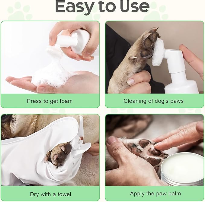 Dog Paw Care Kit, No-Rinse Foam Dog Paw Cleaner with Silicone Brush & Natural Lick-Safe Dog Paw Balm for Heal Dry Cracked Paws & Nose for Dogs & Cats