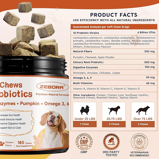 ZEBORA Probiotics for Dogs, Dog Probiotics, for Digestive Health, Plus Pumpkin and Fish Oil, for Gut & Itchy, 180 Soft Chews