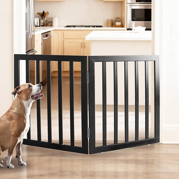 ZJSF Freestanding Indoor Dog Gate for House Foldable Wood Black Puppy Gate for Doorways Pet Gate for Stairs Extra Wide Pet Fence 24" Height 2 Panels