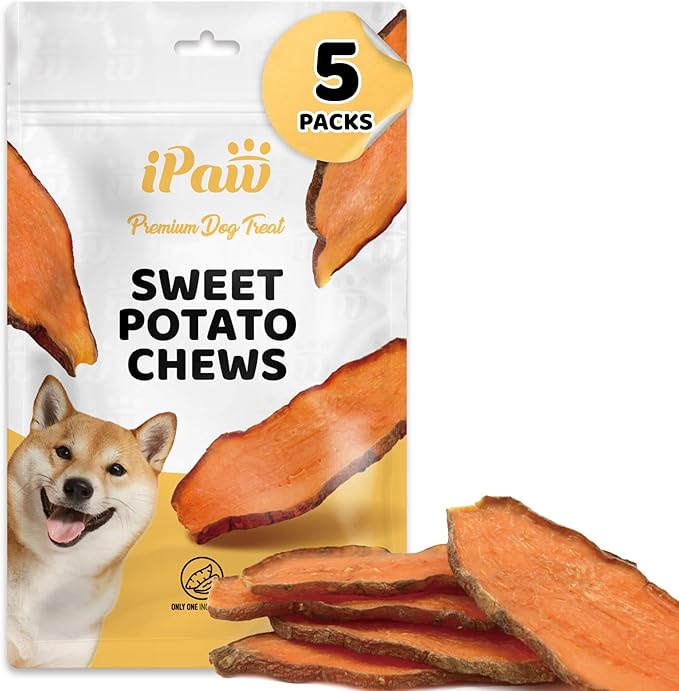 iPaw Sweet Potato Chews, Single Ingredient Dog Treats for Vegetarian, All Natural Human Grade Puppy Chew, Rawhide Alternative, Hypoallergenic, Easy to Digest, 5 Packs