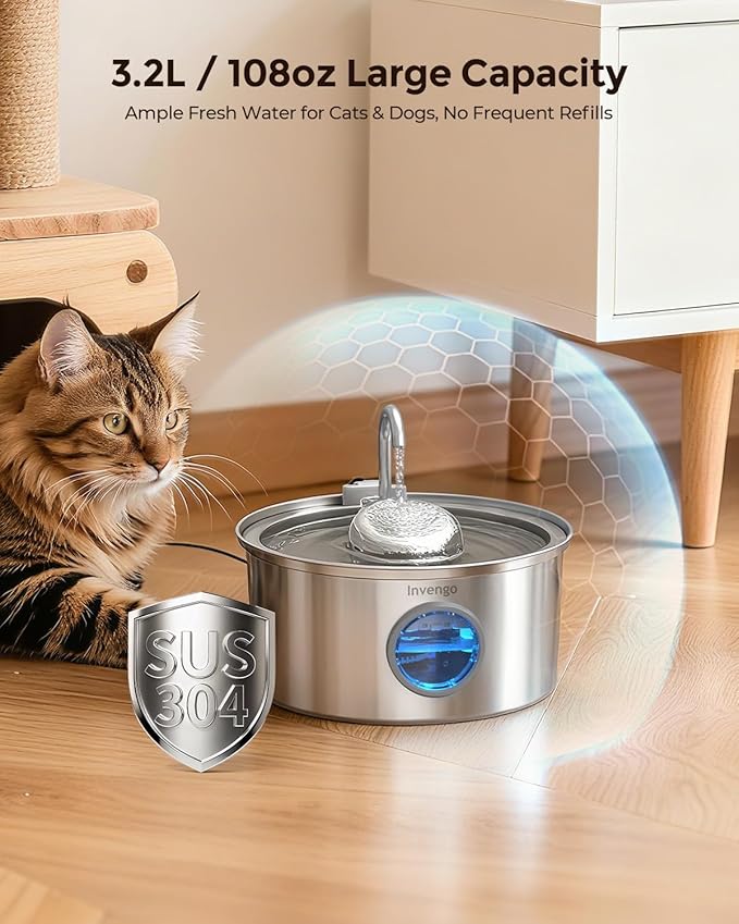 Cat Water Fountain Stainless Steel, 3.2L/108oz Pet Drinking Fountain for Cats Dogs, Automatic Cat Fountain with 2 Flow Modes, Splash-Proof Bowl, Includes 4 Replacement Filters