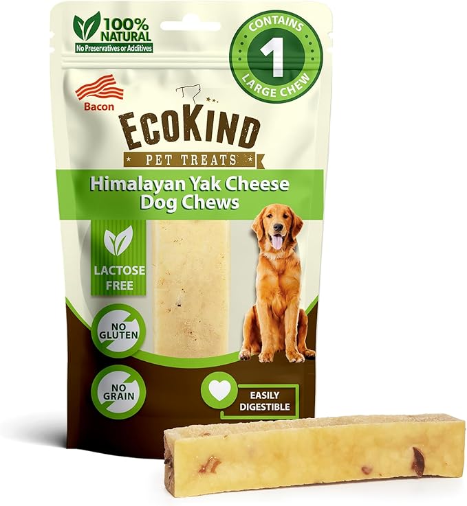 EcoKind Premium Gold Yak Cheese Himalayan Dog Chews, Dog Treats Large Breed, All Natural, High Protein Dog Chew, Bacon, Large - 1 Chew